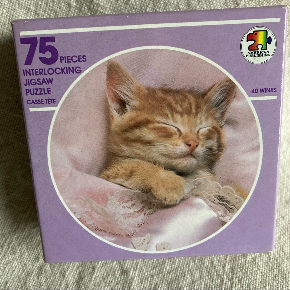 Vintage 80s Children’s Jigsaw Puzzle 40 Winks Napping Kitten 9” Round 75 Piece